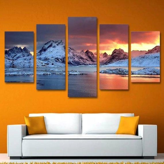 Iceland Mountain Sunset - Nature 5 Panel Canvas Art Wall Decor Iceland Mountain Sunset - Nature 5 Panel Canvas Art Wall Decor
