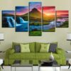 Iceland Waterfall Green Mountain River Sunset Landscape - Nature 5 Panel Canvas Art Wall Decor