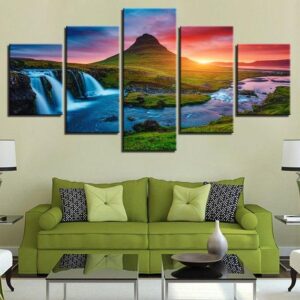 Iceland Waterfall Green Mountain River Sunset Landscape - Nature 5 Panel Canvas Art Wall Decor