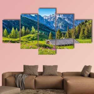 Idyllic Landscape In The Alps In Sunset - Nature 5 Panel Canvas Art Wall Decor