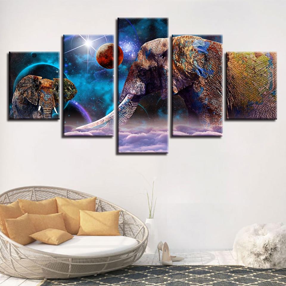 India Elephant And Planets - Religion 5 Panel Canvas Art Wall Decor India Elephant And Planets - Religion 5 Panel Canvas Art Wall Decor