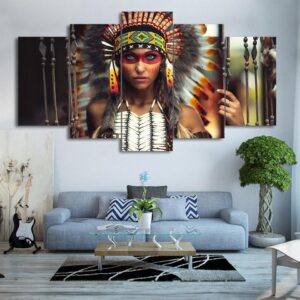 Indian Feather Girl - Army 5 Panel Canvas Art Wall Decor