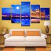 Indian Golden Temple Moonlight Bridge Sea Beautiful - Nature 5 Panel Canvas Art Wall Decor
