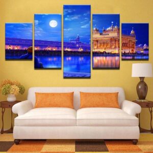 Indian Golden Temple Moonlight Bridge Sea Beautiful - Nature 5 Panel Canvas Art Wall Decor