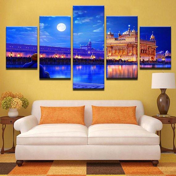Indian Golden Temple Moonlight Bridge Sea Beautiful - Nature 5 Panel Canvas Art Wall Decor Indian Golden Temple Moonlight Bridge Sea Beautiful - Nature 5 Panel Canvas Art Wall Decor