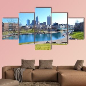 Indiana Canal And Skyline During The Day - Nature 5 Panel Canvas Art Wall Decor