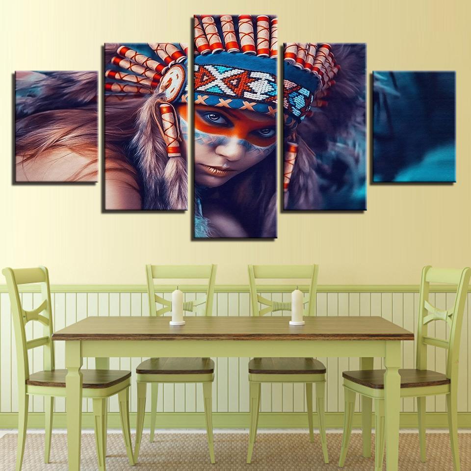 Indians Girl Feather Portraits - Religion 5 Panel Canvas Art Wall Decor Indians Girl Feather Portraits - Religion 5 Panel Canvas Art Wall Decor