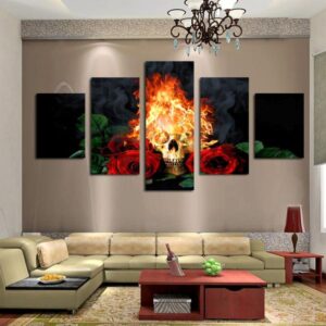 Ire Skull Red Rose Modern Home - Abstract 5 Panel Canvas Art Wall Decor