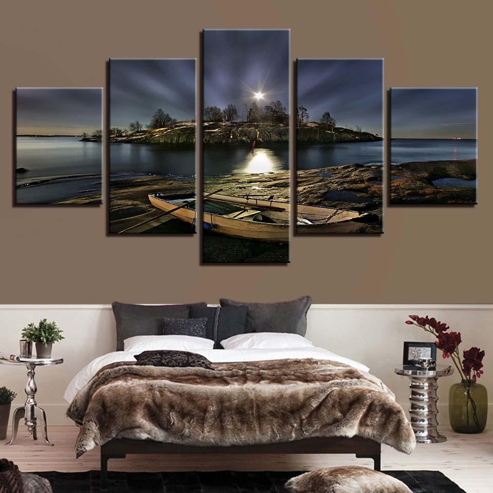 Island And Boat - Space 5 Panel Canvas Art Wall Decor Island And Boat - Space 5 Panel Canvas Art Wall Decor