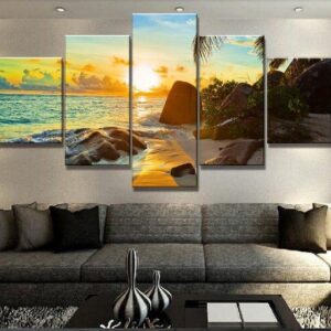 Island Beach Sunrise 01 - Nature 5 Panel Canvas Art Wall Decor