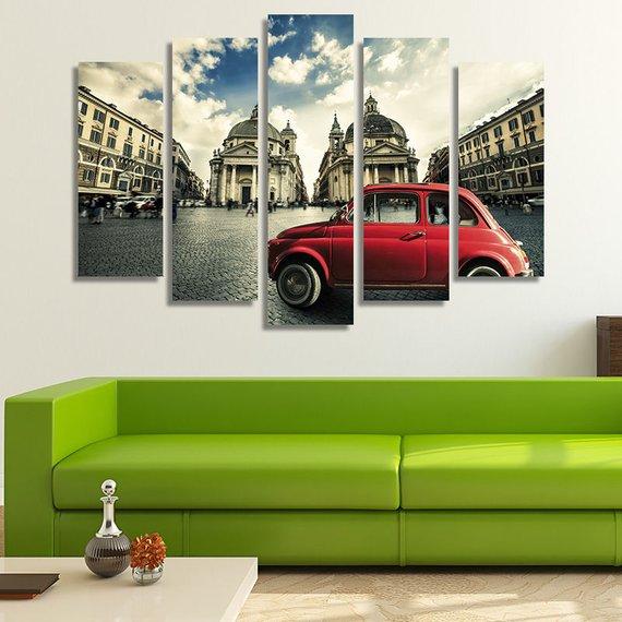 Italy Rome Old Retro Red Car - Automative 5 Panel Canvas Art Wall Decor Italy Rome Old Retro Red Car - Automative 5 Panel Canvas Art Wall Decor
