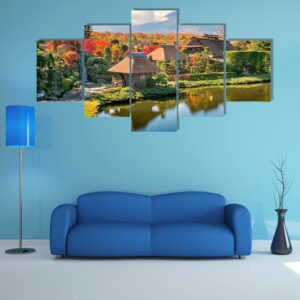 Japan Historic Thatch Roof Farmhouses With Mt. Fuji - Nature 5 Panel Canvas Art Wall Decor