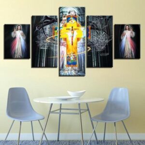 Jesus Christ - Colored Cross - Religion 5 Panel Canvas Art Wall Decor