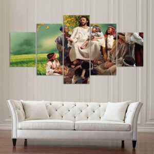 Jesus and the Children - Religion 5 Panel Canvas Art Wall Decor