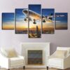 Jet Aircraft Sunset Landing Landscap - Airplane 5 Panel Canvas Art Wall Decor