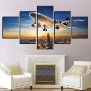 Jet Aircraft Sunset Landing Landscap - Airplane 5 Panel Canvas Art Wall Decor