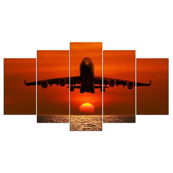 Jet Airplane At Sunset - Aircraft 5 Panel Canvas Art Wall Decor Jet Airplane At Sunset - Aircraft 5 Panel Canvas Art Wall Decor