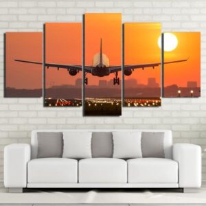 Jet Airplane Taking Off At Sunset - 5 Panel Canvas Art Wall Decor
