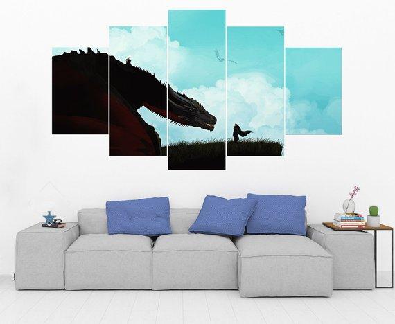Jon Snow Meets Dragon Game Of Thrones - Movie 5 Panel Canvas Art Wall Decor Jon Snow Meets Dragon Game Of Thrones - Movie 5 Panel Canvas Art Wall Decor