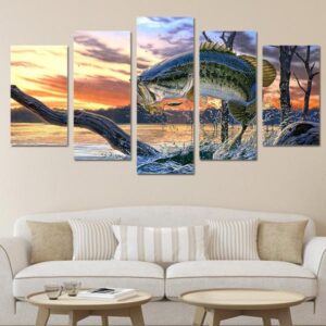 Jumping Bass Fish Fishing Lake River - Abstract 5 Panel Canvas Art Wall Decor