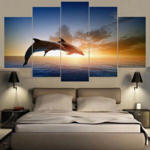 Jumping Dolphins 20 - Animal 5 Panel Canvas Art Wall Decor