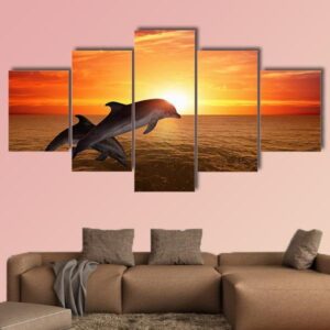 Jumping Dolphins In Red Sunset - Animal 5 Panel Canvas Art Wall Decor