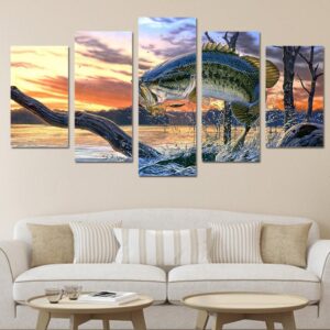 Jumping Fish In Ocean - Animal 5 Panel Canvas Art Wall Decor
