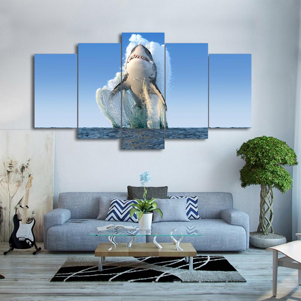 Jumping Shark Painting - Ocean 5 Panel Canvas Art Wall Decor Jumping Shark Painting - Ocean 5 Panel Canvas Art Wall Decor