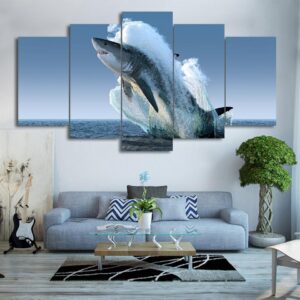 Jumping White Shark 3 - Animal 5 Panel Canvas Art Wall Decor