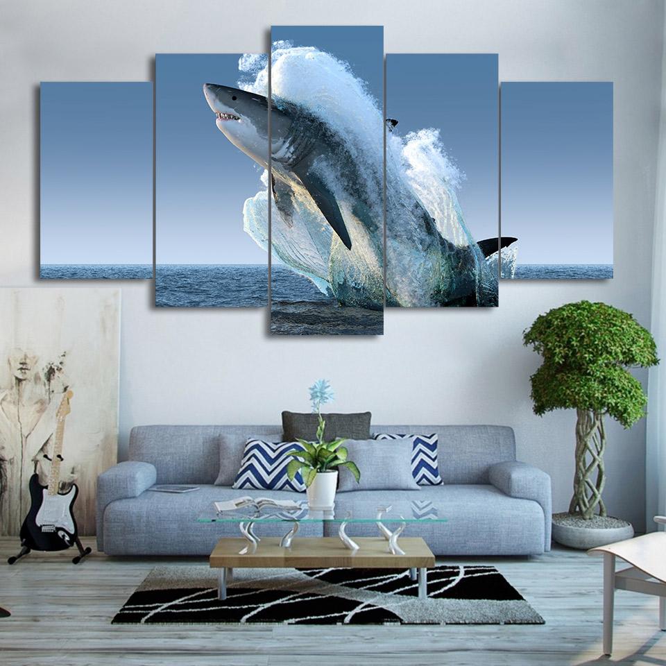 Jumping White Shark 3 - Animal 5 Panel Canvas Art Wall Decor Jumping White Shark 3 - Animal 5 Panel Canvas Art Wall Decor