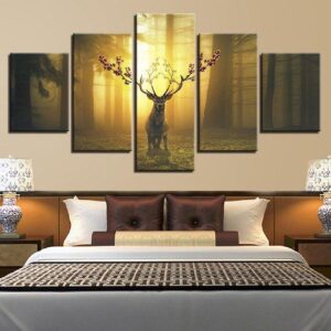 Jungle Deer Long Horn Deer - Animal 5 Panel Canvas Art Wall Decor