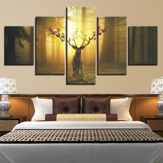 Jungle Deer Long Horn Deer - Animal 5 Panel Canvas Art Wall Decor Jungle Deer Long Horn Deer - Animal 5 Panel Canvas Art Wall Decor