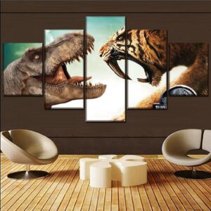 Jurassic World Dinosaurs Vs Animals Tiger - Animal 5 Panel Canvas Art Wall Decor