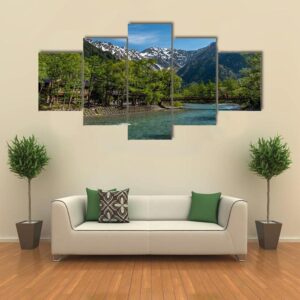 Kamikochi In Japan With Clear Sky - Nature 5 Panel Canvas Art Wall Decor