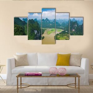 Karst Mountain Landscape In Xingping - Nature 5 Panel Canvas Art Wall Decor