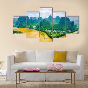 Karst Mountain Landscape On The Li River In Rural Guilin - Nature 5 Panel Canvas Art Wall Decor