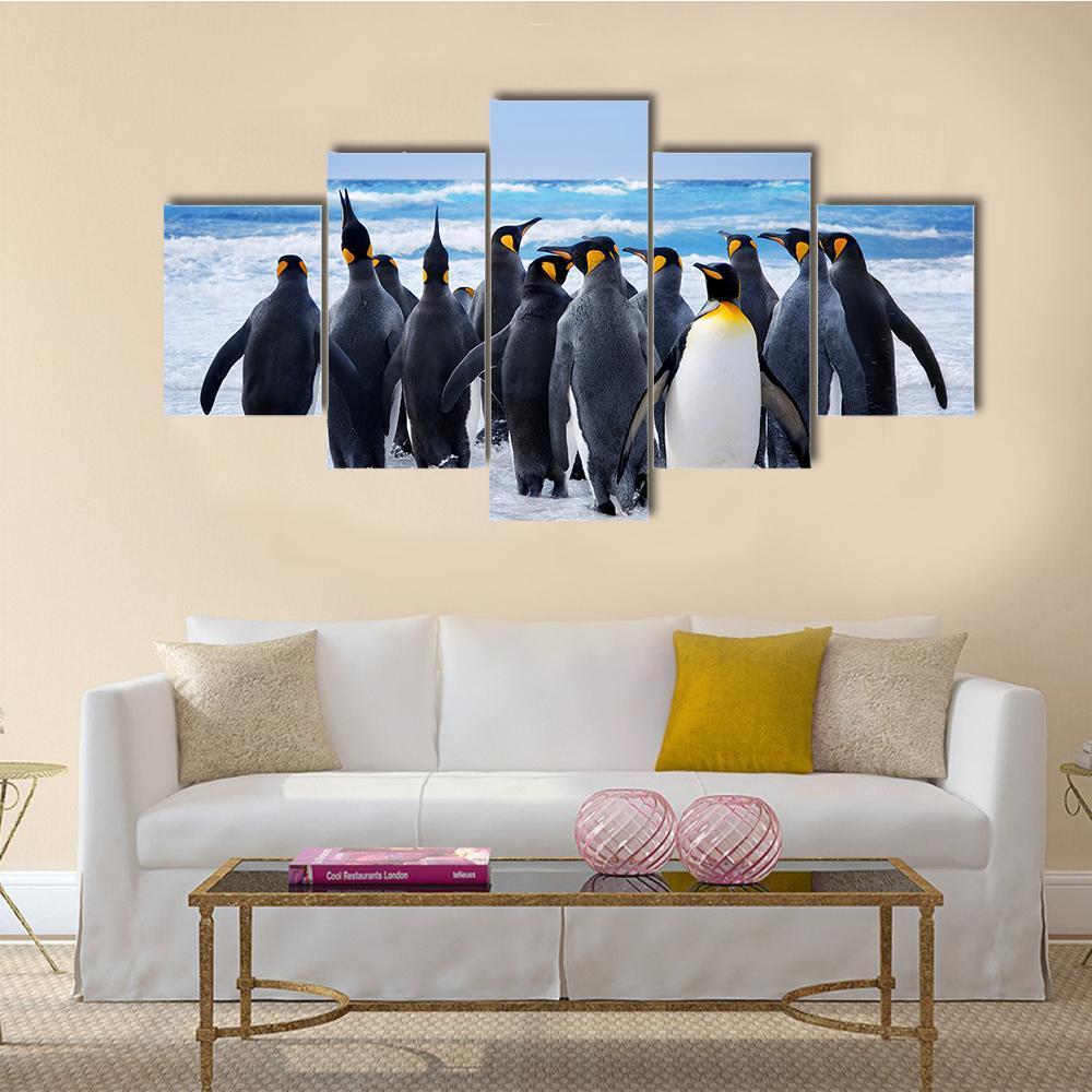King Penguins Heading To Water - Animal 5 Panel Canvas Art Wall Decor King Penguins Heading To Water - Animal 5 Panel Canvas Art Wall Decor