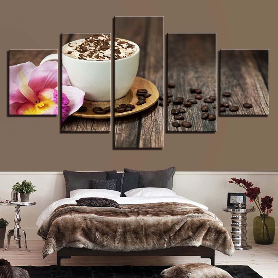 Kitchen And Restaurant Coffee Beans Flower Coffee Cup - Nature 5 Panel Canvas Art Wall Decor Kitchen And Restaurant Coffee Beans Flower Coffee Cup - Nature 5 Panel Canvas Art Wall Decor