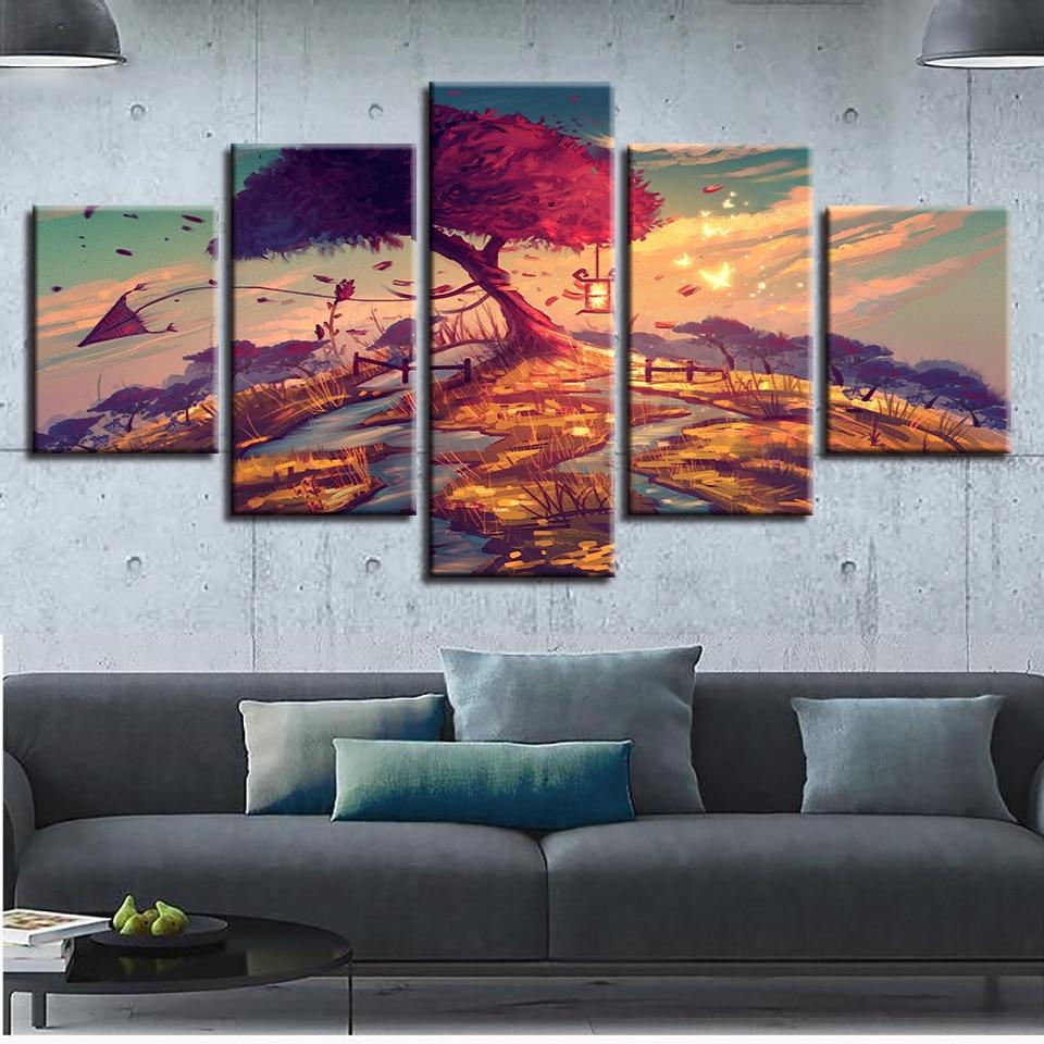 Kite Red Tree Sunset - Nature 5 Panel Canvas Art Wall Decor Kite Red Tree Sunset - Nature 5 Panel Canvas Art Wall Decor