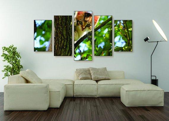 Kitten In A Tree - Animal 5 Panel Canvas Art Wall Decor Kitten In A Tree - Animal 5 Panel Canvas Art Wall Decor