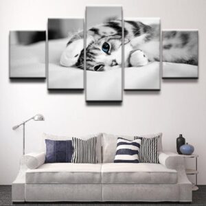 Kitten On Bed - Animal 5 Panel Canvas Art Wall Decor