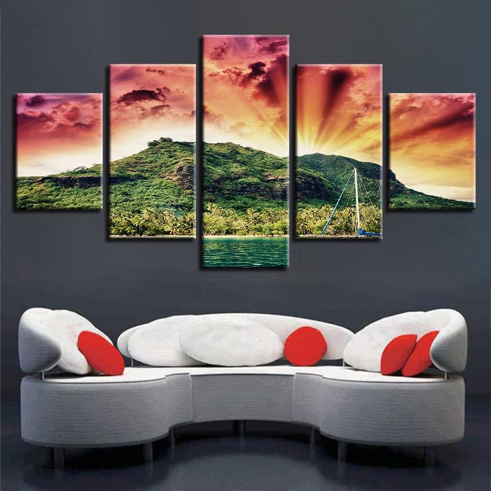 Lake And Mountain Sunshine - Nature 5 Panel Canvas Art Wall Decor Lake And Mountain Sunshine - Nature 5 Panel Canvas Art Wall Decor