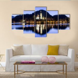 Lake Bled And Church In Slovenia At Evening - Nature 5 Panel Canvas Art Wall Decor