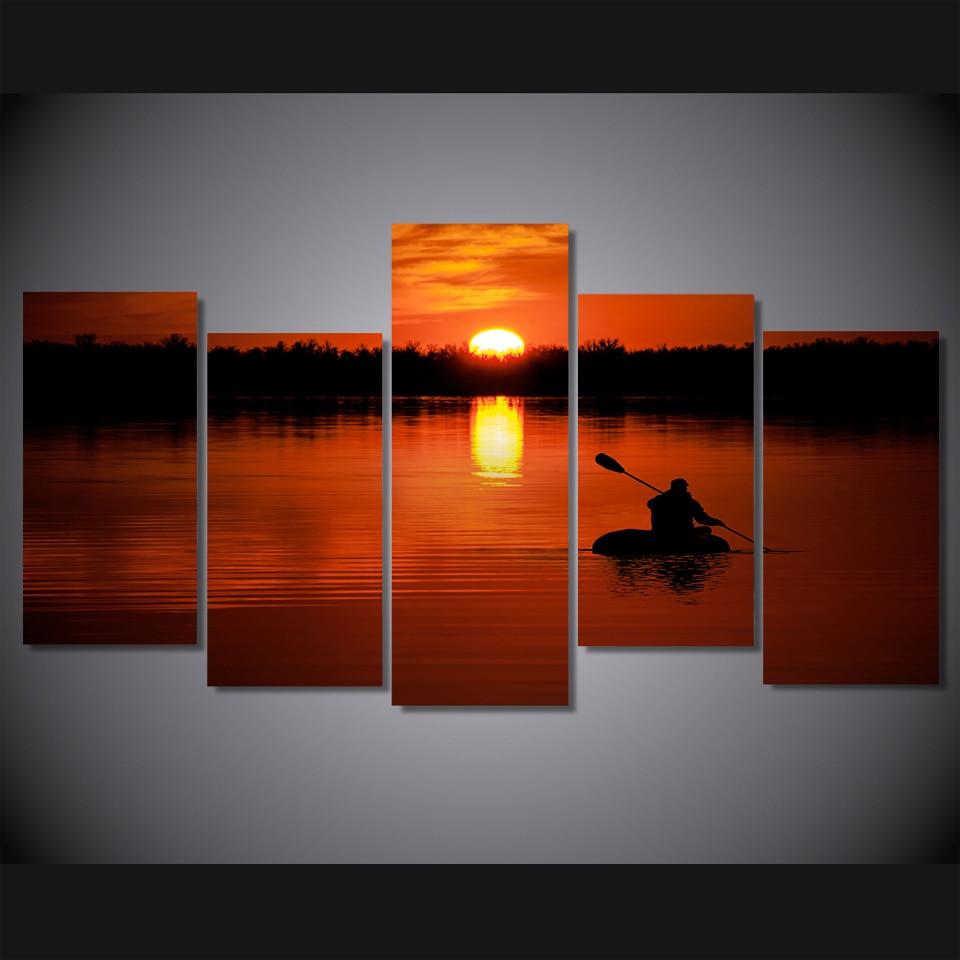 Lake Boat Sail Sunset - Nature 5 Panel Canvas Art Wall Decor Lake Boat Sail Sunset - Nature 5 Panel Canvas Art Wall Decor
