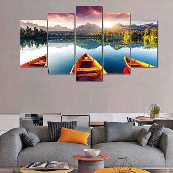 Lake Boat - Nature 5 Panel Canvas Art Wall Decor Lake Boat - Nature 5 Panel Canvas Art Wall Decor