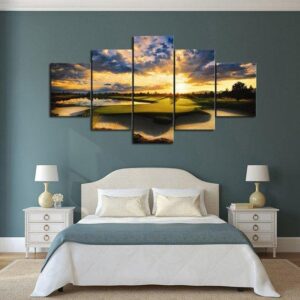 Lake Course Sunset - Nature 5 Panel Canvas Art Wall Decor