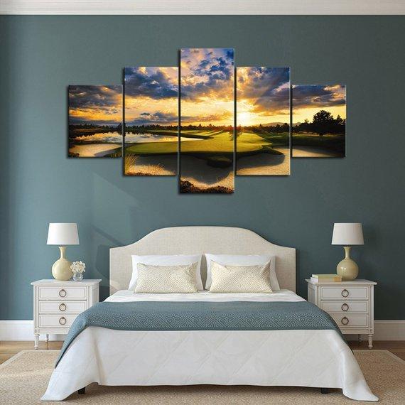 Lake Course Sunset - Nature 5 Panel Canvas Art Wall Decor Lake Course Sunset - Nature 5 Panel Canvas Art Wall Decor