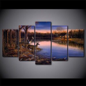 Lake Deers In The Beautiful - Animal 5 Panel Canvas Art Wall Decor