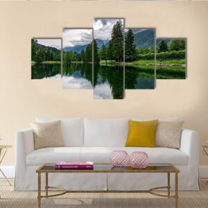 Lake Gaillands With A View Of The Mont Blanc - Nature 5 Panel Canvas Art Wall Decor