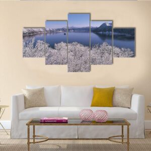 Lake In Winter Season - Nature 5 Panel Canvas Art Wall Decor